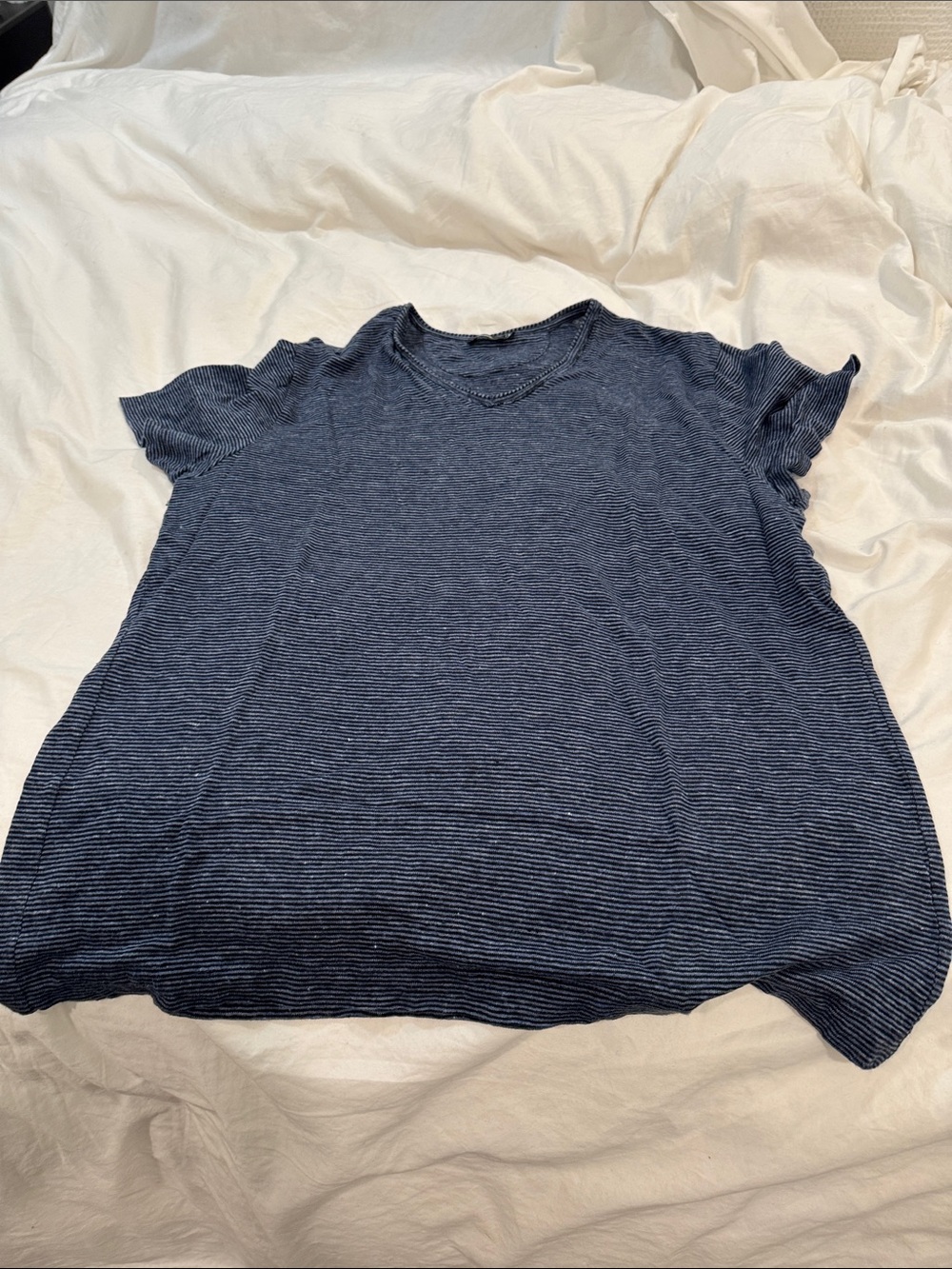 Vince Navy Micro-Stripe Short Sleeve V Neck Tee